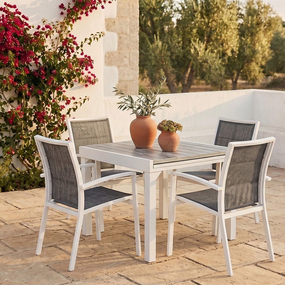 Ensemble modulo 4/8p en aluminium blanc et verre décors bois avec 4 fauteuils en textilène
