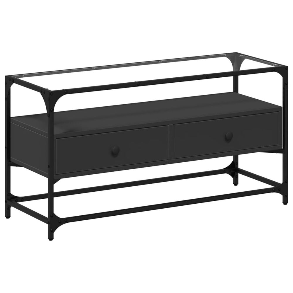 Meuble tv et dessus en verre noir 80x35x51 cm bois d'ingénierie