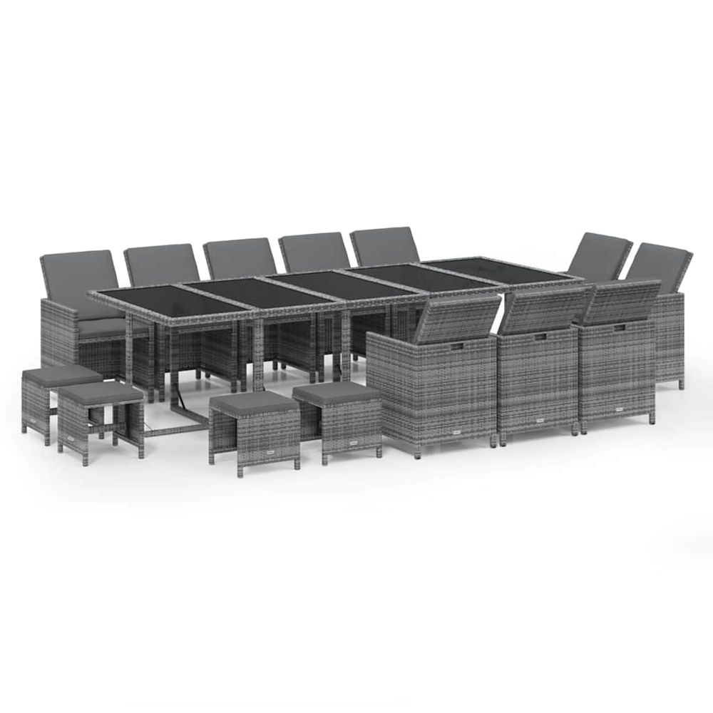 Ensemble à manger de jardin coussins 15 pcs résine tressée gris