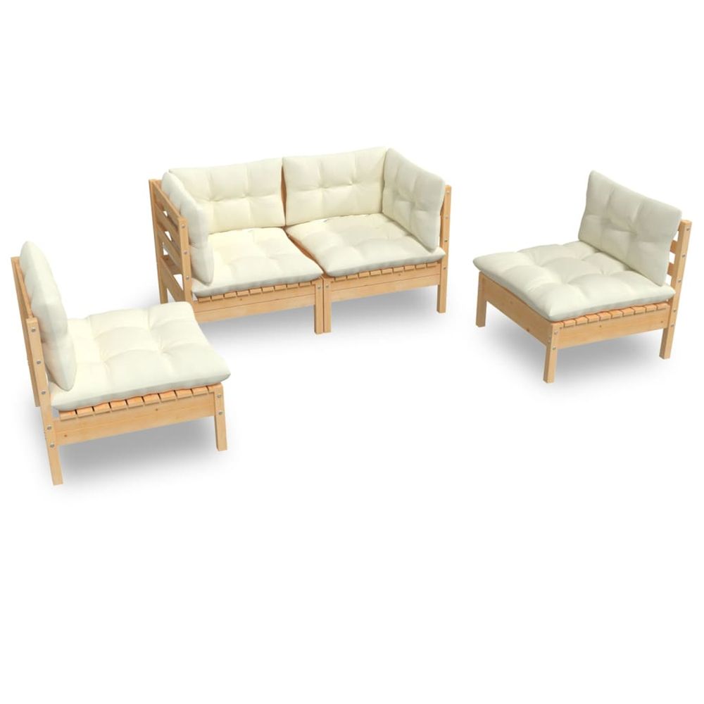 Salon de jardin 4 pcs avec coussins crème bois de pin massif
