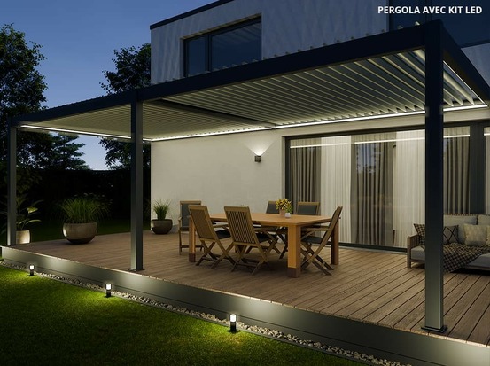 Pergola bioclimatique aluminium adossée 32m² - 4x8m - kit led inclus - anthracite - 50 lames en aluminium a 120 degrés - halo