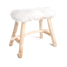 Pouf tabouret, repose pied fourrure blanc structure en bois scandinave cosy 34x20x35cm- meuble de salon