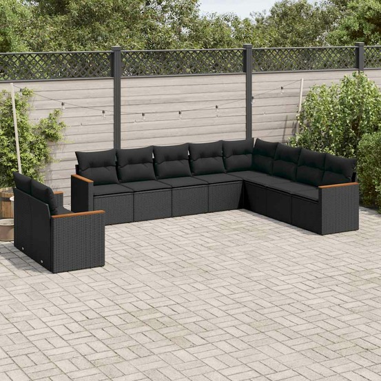 Salon de jardin 10 pcs avec coussins noir résine tressée