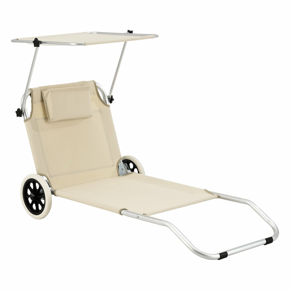 Transat bain de soleil à roulettes aluminium polyester argenté mat beige
