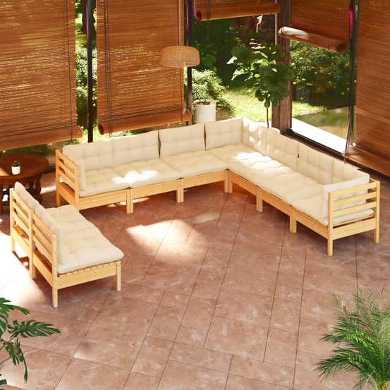 Salon de jardin 9 pcs avec coussins crème bois de pin massif