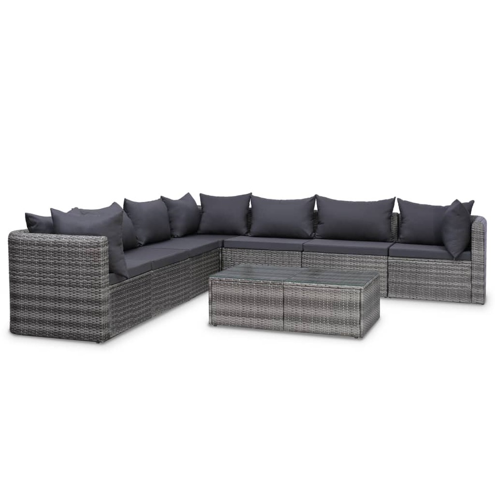 Salon de jardin 8 pcs avec coussins résine tressée gris