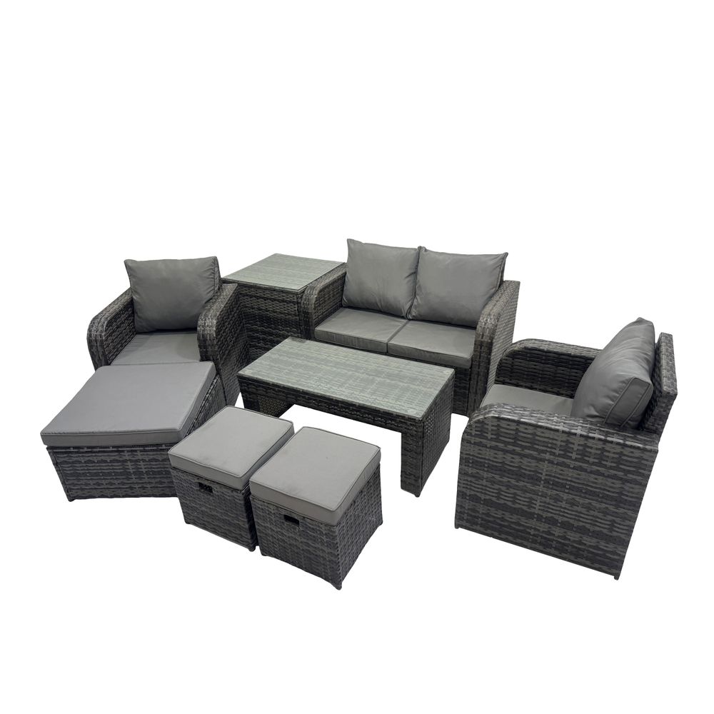 7 places ensemble de meubles de jardin en polyrotin avec table basse rectangulaire canapé d'amour table d'appoint 3 tabourets