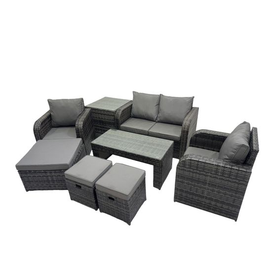 7 places ensemble de meubles de jardin en polyrotin avec table basse rectangulaire canapé d'amour table d'appoint 3 tabourets