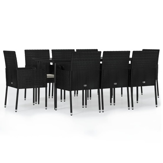 Ensemble à manger jardin 9pcs et coussins noir résine tressée