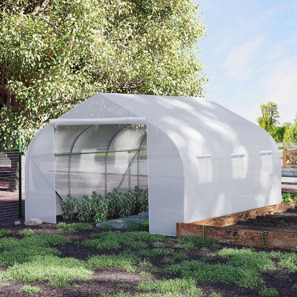 Serre tunnel de jardin pe 350 x 300 x 200 cm blanche 6 fenêtres ventilées porte zippée - comfortxl outdoor living