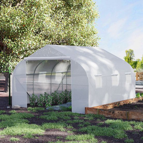 Serre tunnel de jardin pe 350 x 300 x 200 cm blanche 6 fenêtres ventilées porte zippée - comfortxl outdoor living