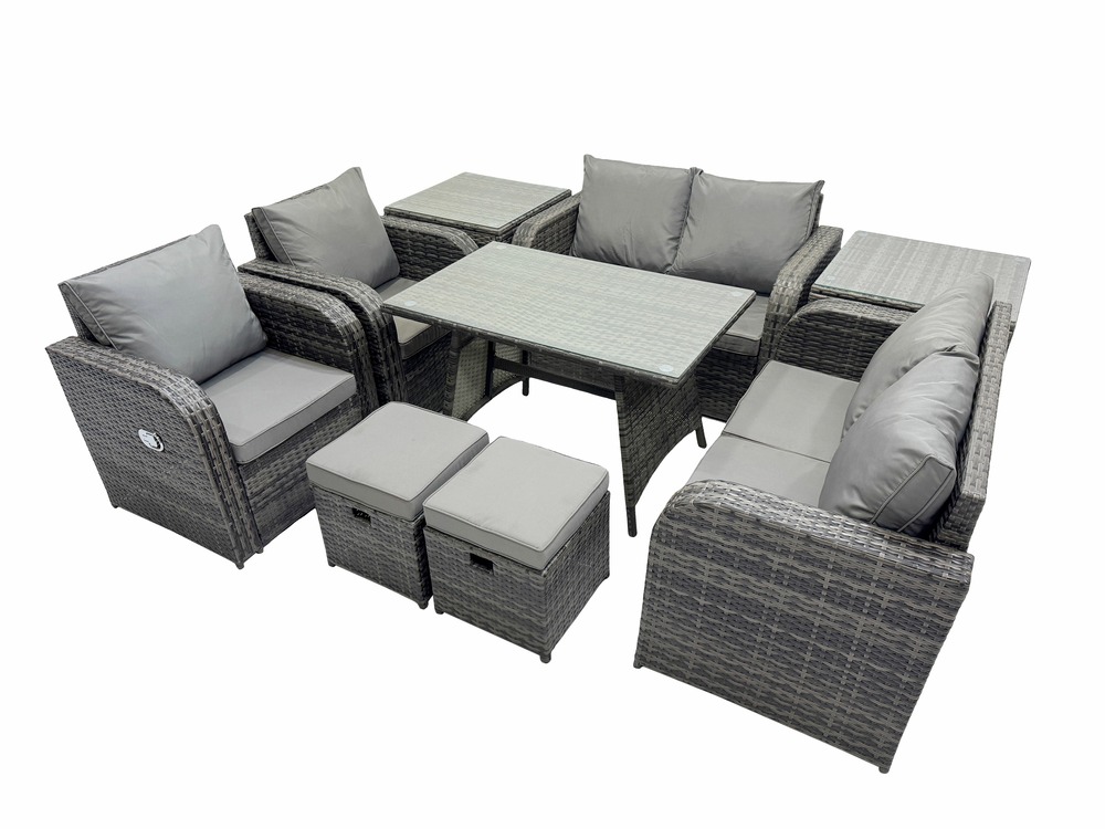 8 places ensemble de canapé en rotin extérieur avec table à manger 2 tables d'appoint 2 petits tabourets gris foncé mixte