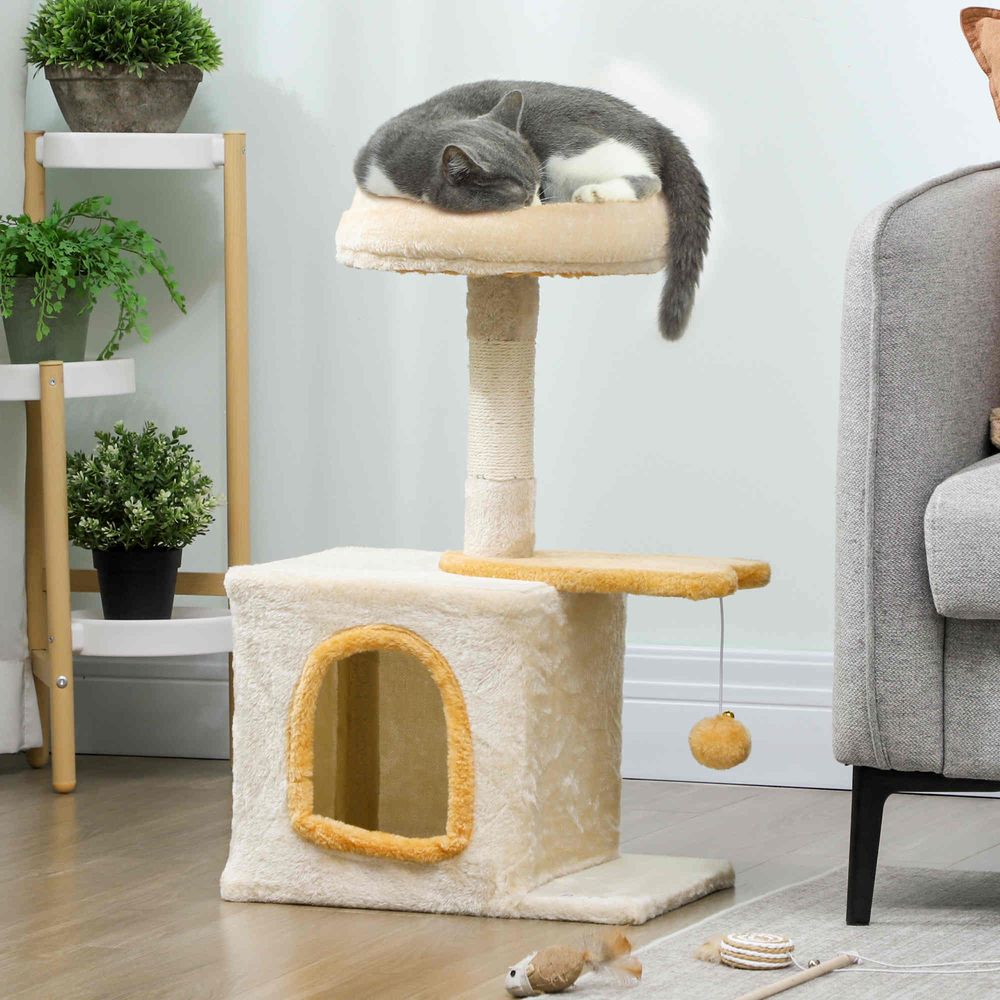 Arbre à chat 72 cm, perchoir doux, plateforme en forme de poisson, niche en peluche, poteaux en sisal, balle, beige