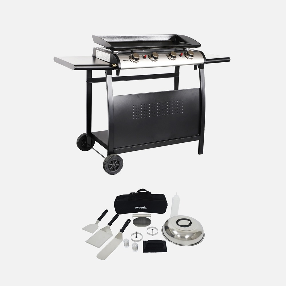 Plancha au gaz 4 brûleurs sur chariot - porthos - 10kw, plancha à gaz avec desserte et ustensiles