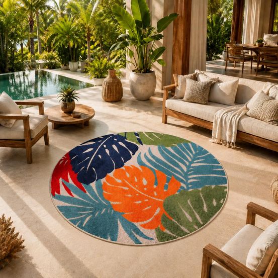 Tapis rond d'extérieur ø200cm tissé kilim bleu et rouge chimeki