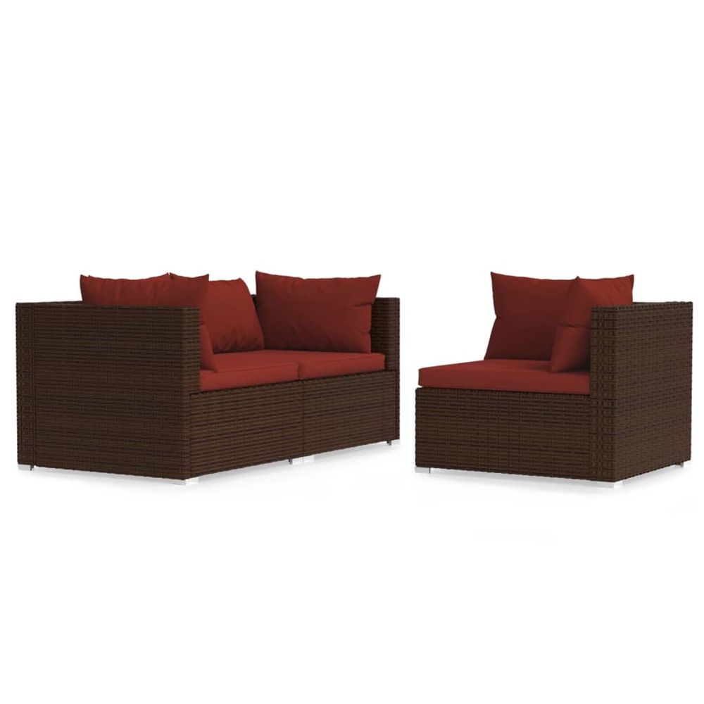 Salon de jardin 3 pcs avec coussins marron résine tressée