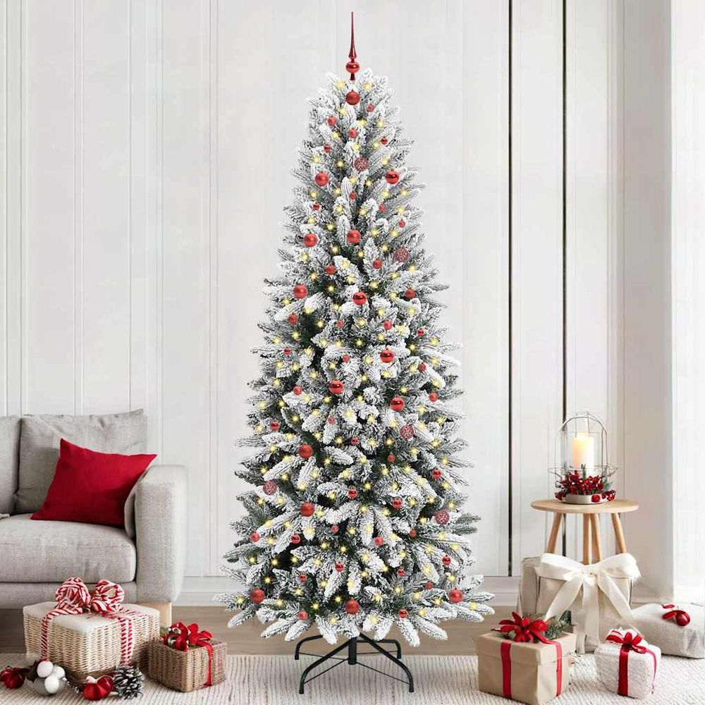 Sapin de noël blanc effet neige 240 cm, kit complet lumineux avec décorations et led