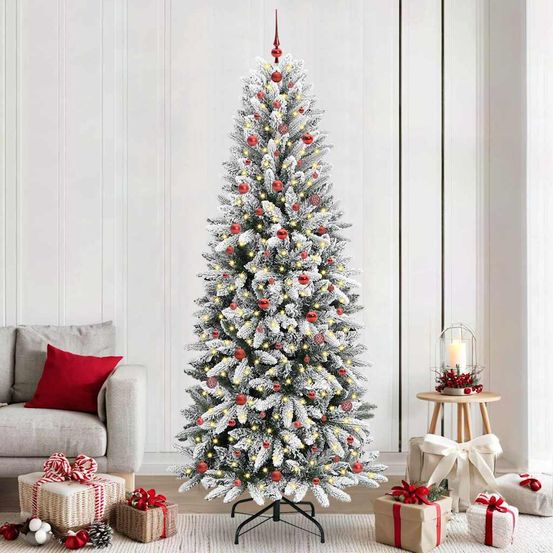 Sapin de noël blanc effet neige 240 cm, kit complet lumineux avec décorations et led