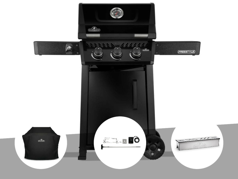 Barbecue gaz freestyle 365 noir 3 brûleurs + housse de protection + rôtissoire +