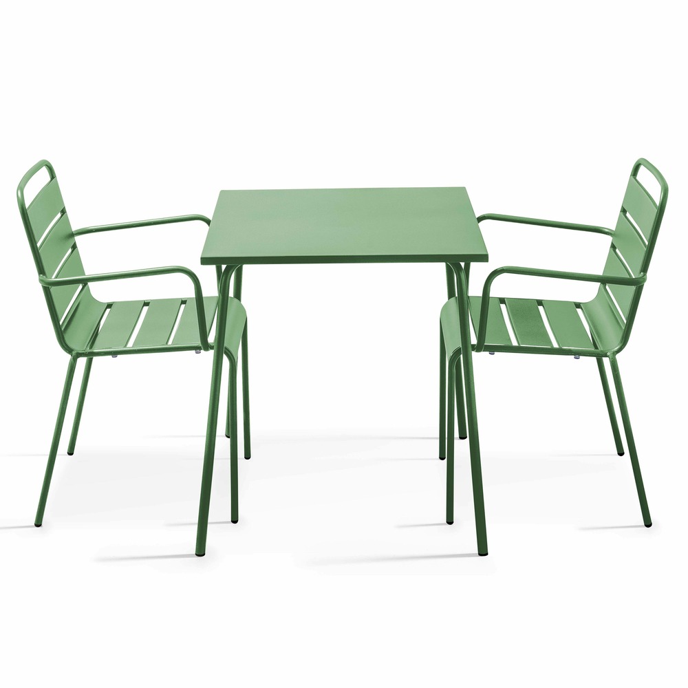 Ensemble table de jardin carrée et 2 fauteuils acier vert cactus