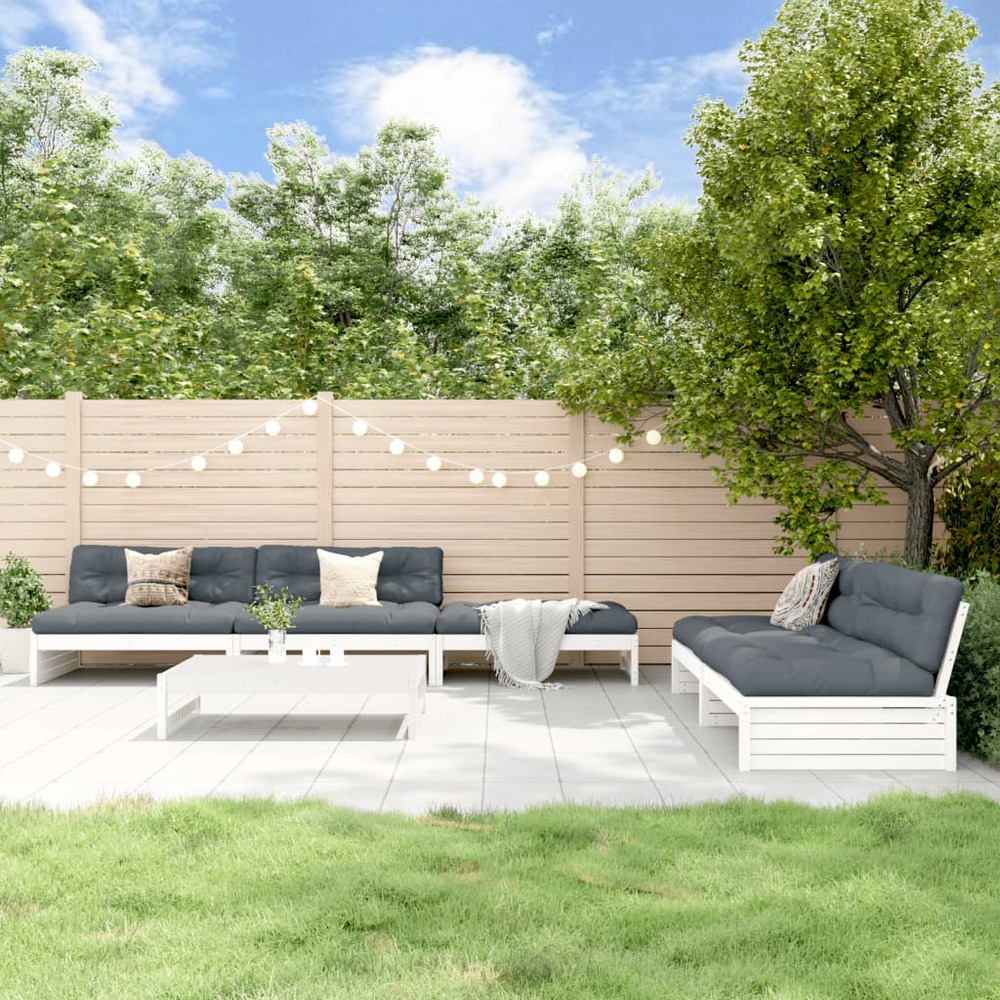 Salon de jardin 6 pcs avec coussins blanc bois massif