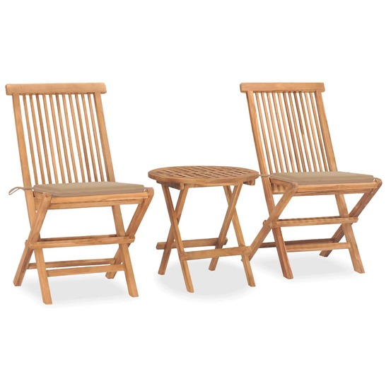 Ensemble à manger d'extérieur pliable avec coussin 3 pcs teck