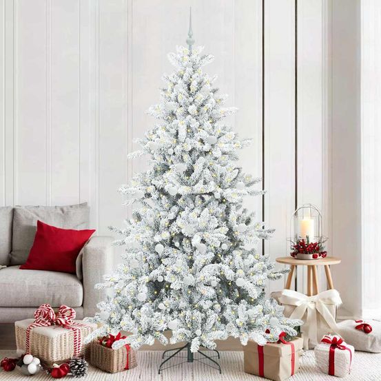 Sapin de noël lumineux blanc 2.1m, kit tout-en-un avec guirlande 300 led et décorations