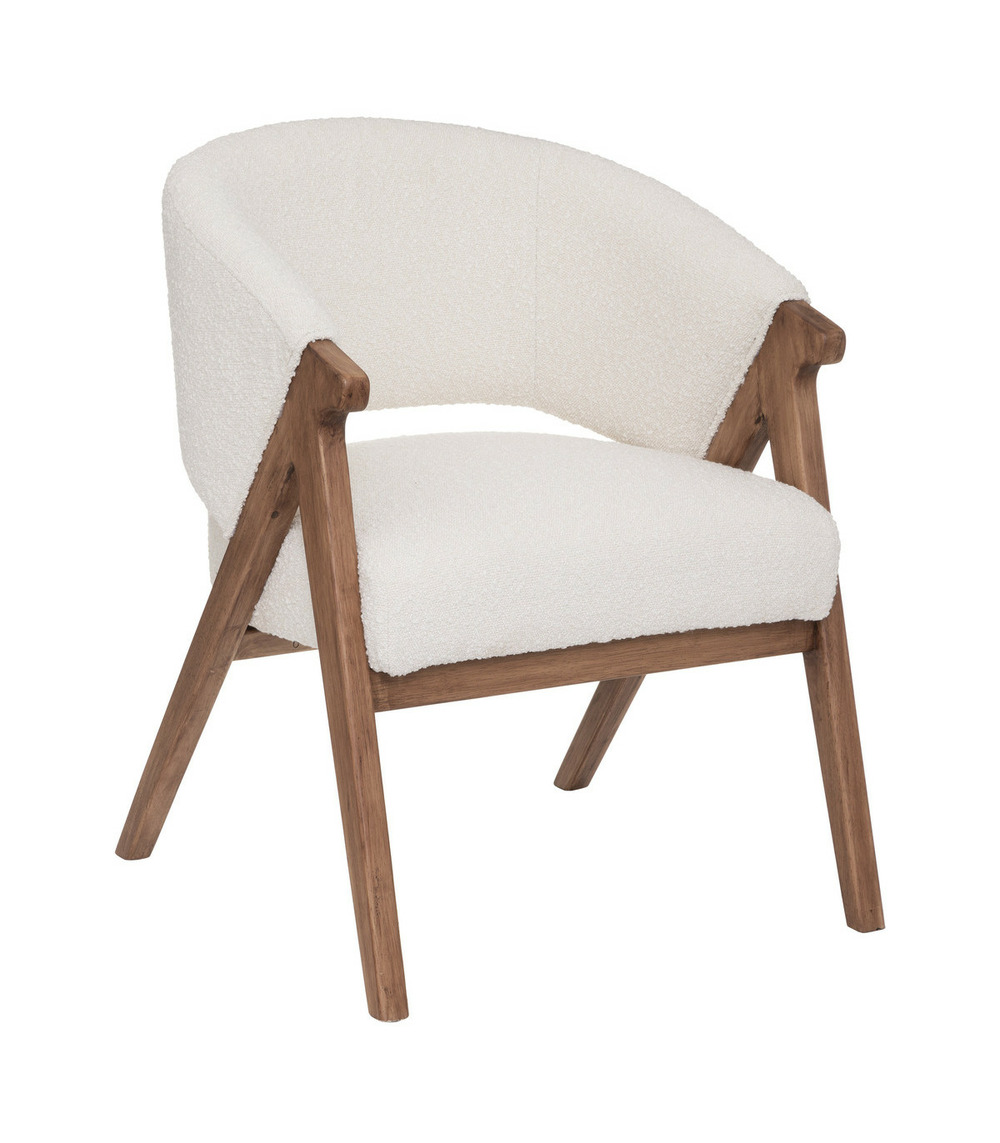 Fauteuil tissu blanc à bouclettes et pieds en bois d'hévéa