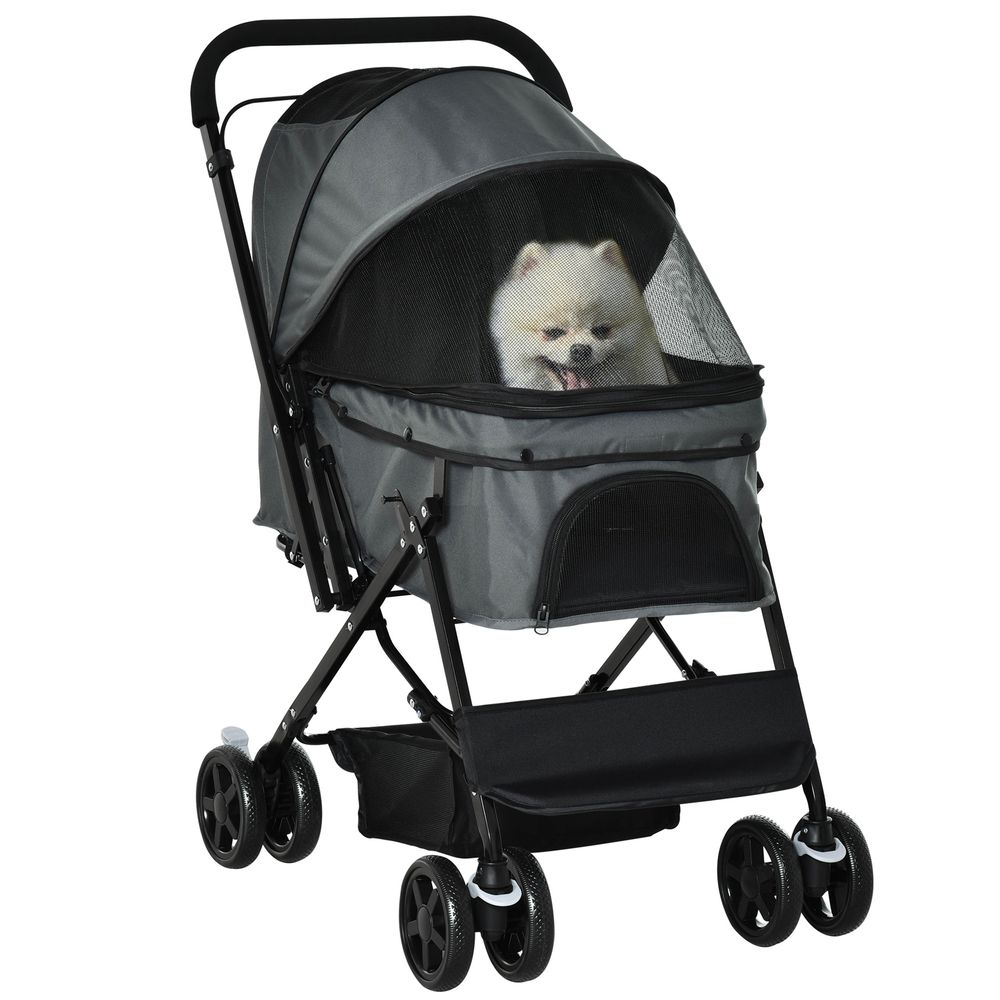 Poussette buggy pliable chien chat panier et sac de rangement attaches sécurité housse réglable poignée réglable acier oxford gris