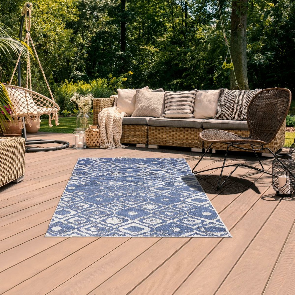 Tapis extérieur, kilim reversible 160x230 lyn2 bd reversible bleu et crème