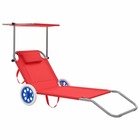 Chaise longue pliable avec auvent et roues acier rouge