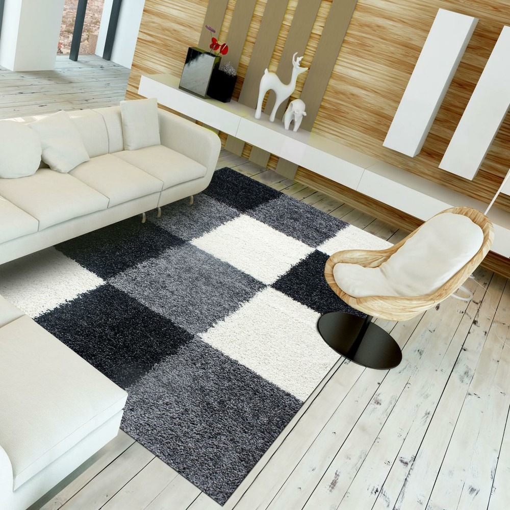 Tapis poils longs shaggy 80x250 rectangle tissé gris et noir motif damier