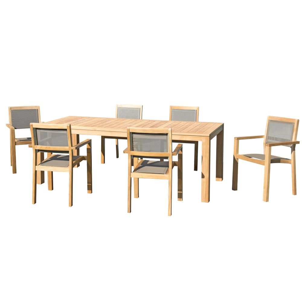 Table de jardin et chaises en teck et textilene taupe 6/8 personnes