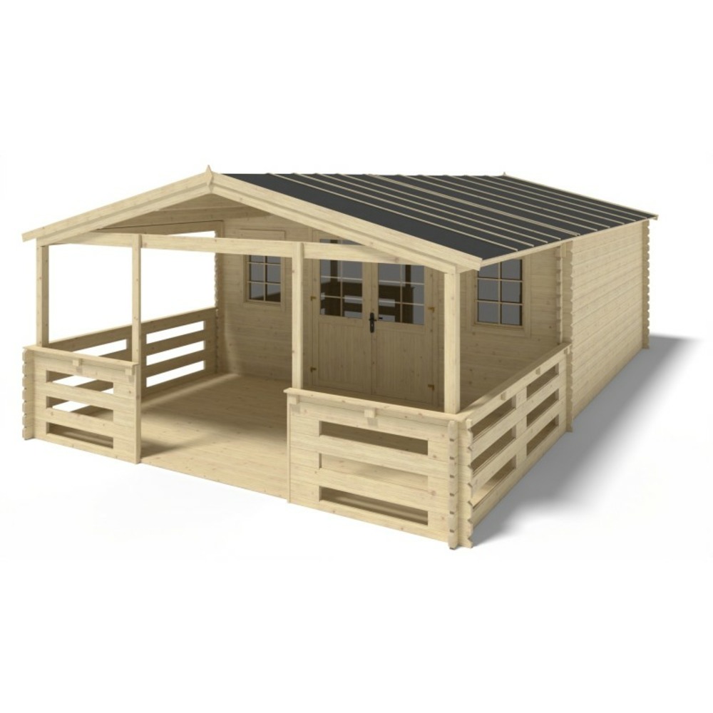 Abri de jardin en bois - 5x5 m - 40 m2 + terrasse avec balustrade et