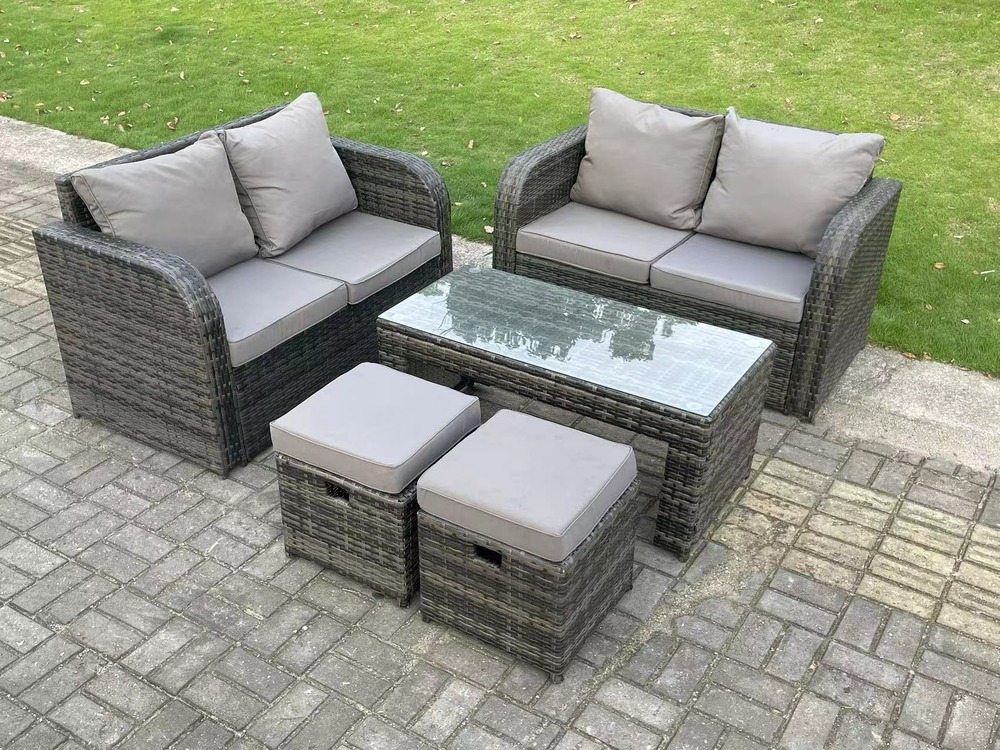 Ensemble de meubles de jardin en rotin ave 2 canapé d'amour table basse 2 tabourets mélange gris foncé