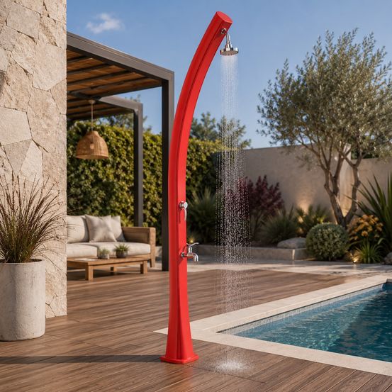 Douche solaire rouge 25l polyethylene hauteur 225cm avec lavepieds