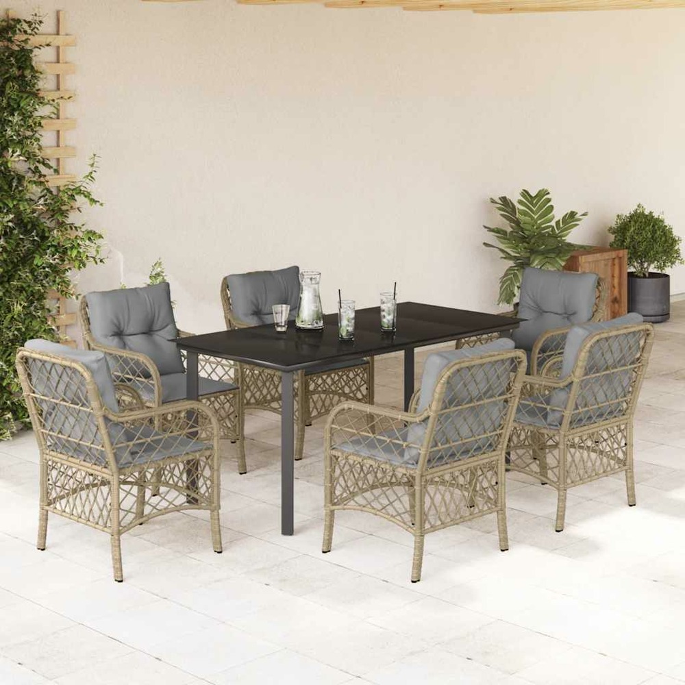 Ensemble à manger de jardin coussins 7 pcs mélange beige rotin