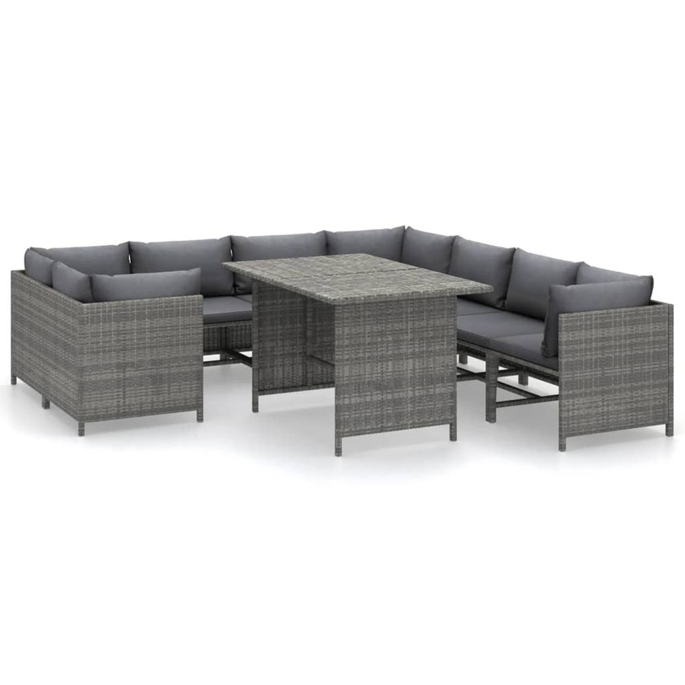 Salon de jardin 9 pcs avec coussins résine tressée gris