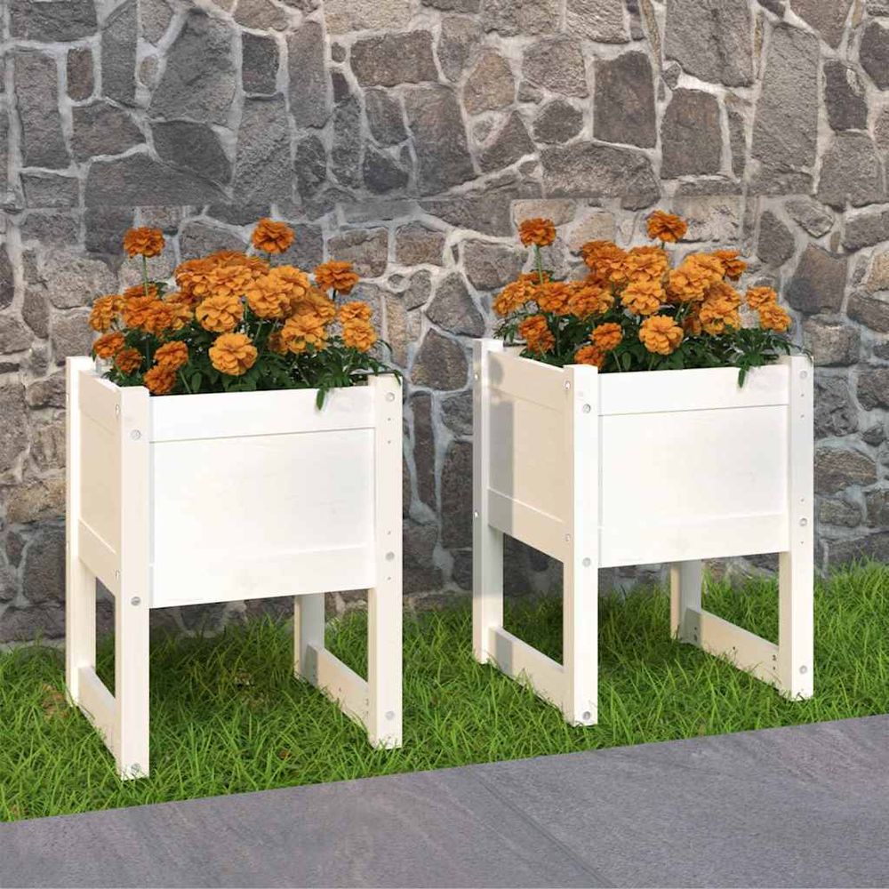 Lot de 2 bacs à fleurs en bois de pin massif pour jardin blanc 40 cm