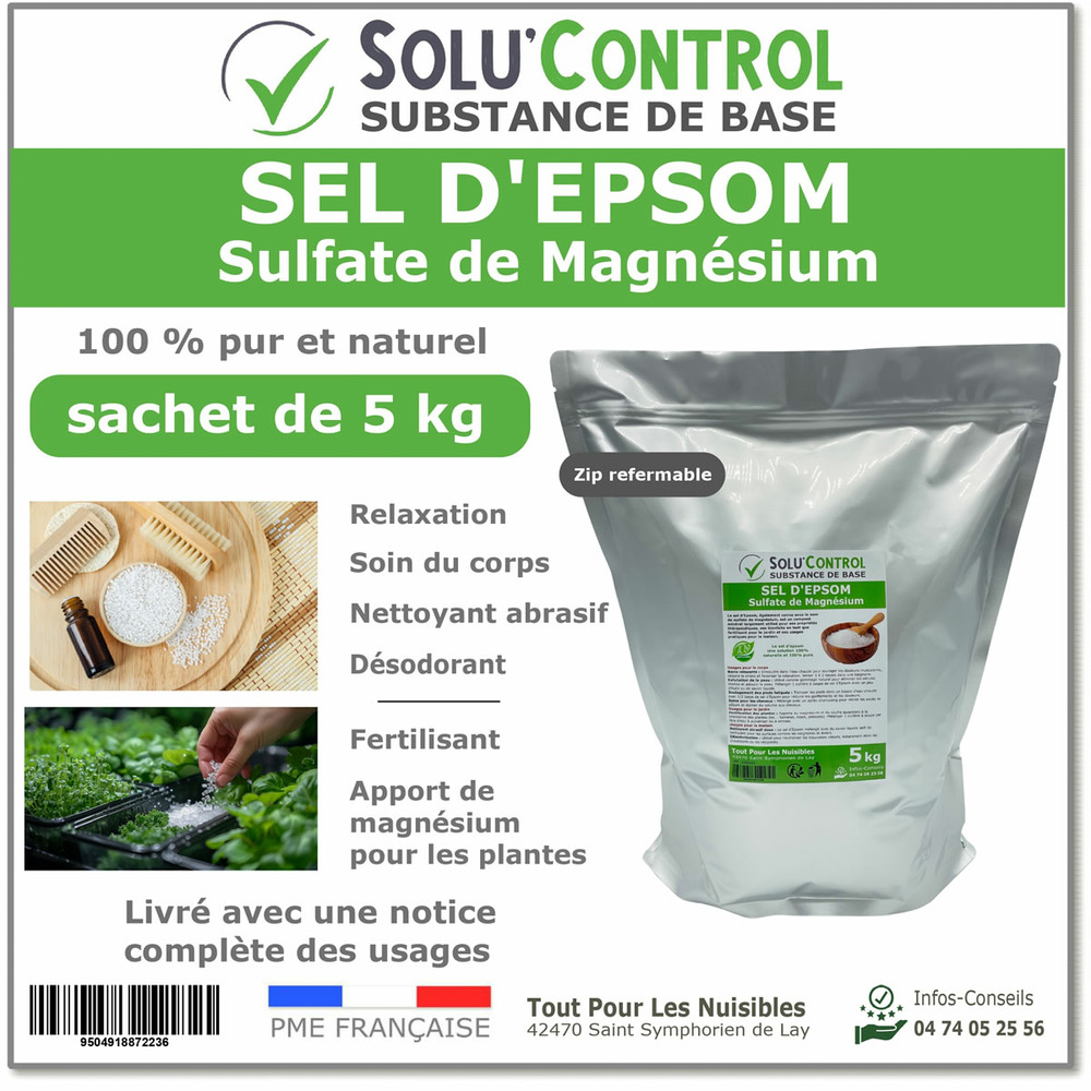 Sel d'epsom 5 kg - solu'control - soin du corps, fertilisation et apport en magnésium pour plantes 100 % naturel