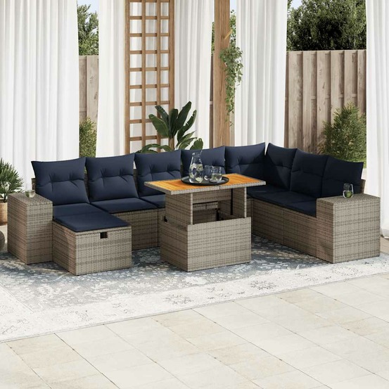 Salon de jardin avec coussins 9 pcs gris résine tressée acacia