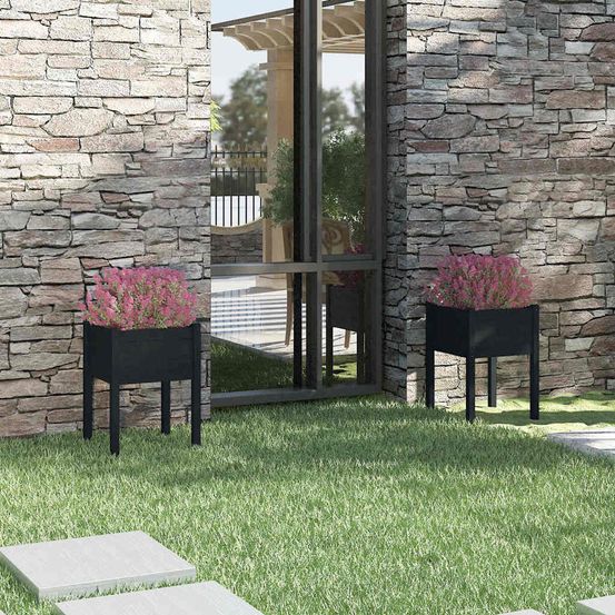 Lot de 2 grandes jardinières hautes en pin massif pour balcon et jardin noir 50x70 cm