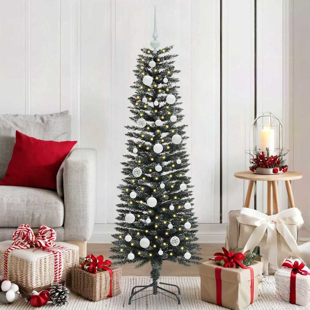 Sapin artificiel élancé 1.20m, style conique avec lumières led et décorations