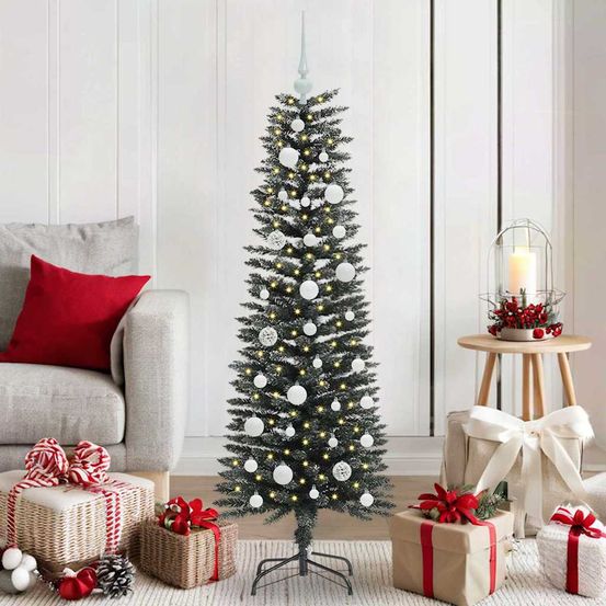 Sapin artificiel élancé 1.20m, style conique avec lumières led et décorations