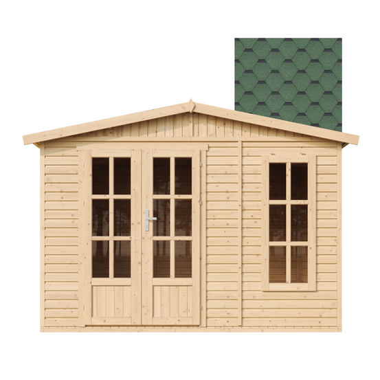 Abri de jardin en bois 6 m2 - l332xp222xh232cm - avec sol et des bardeaux bitumineux vert - m334fb+h334fbgreen