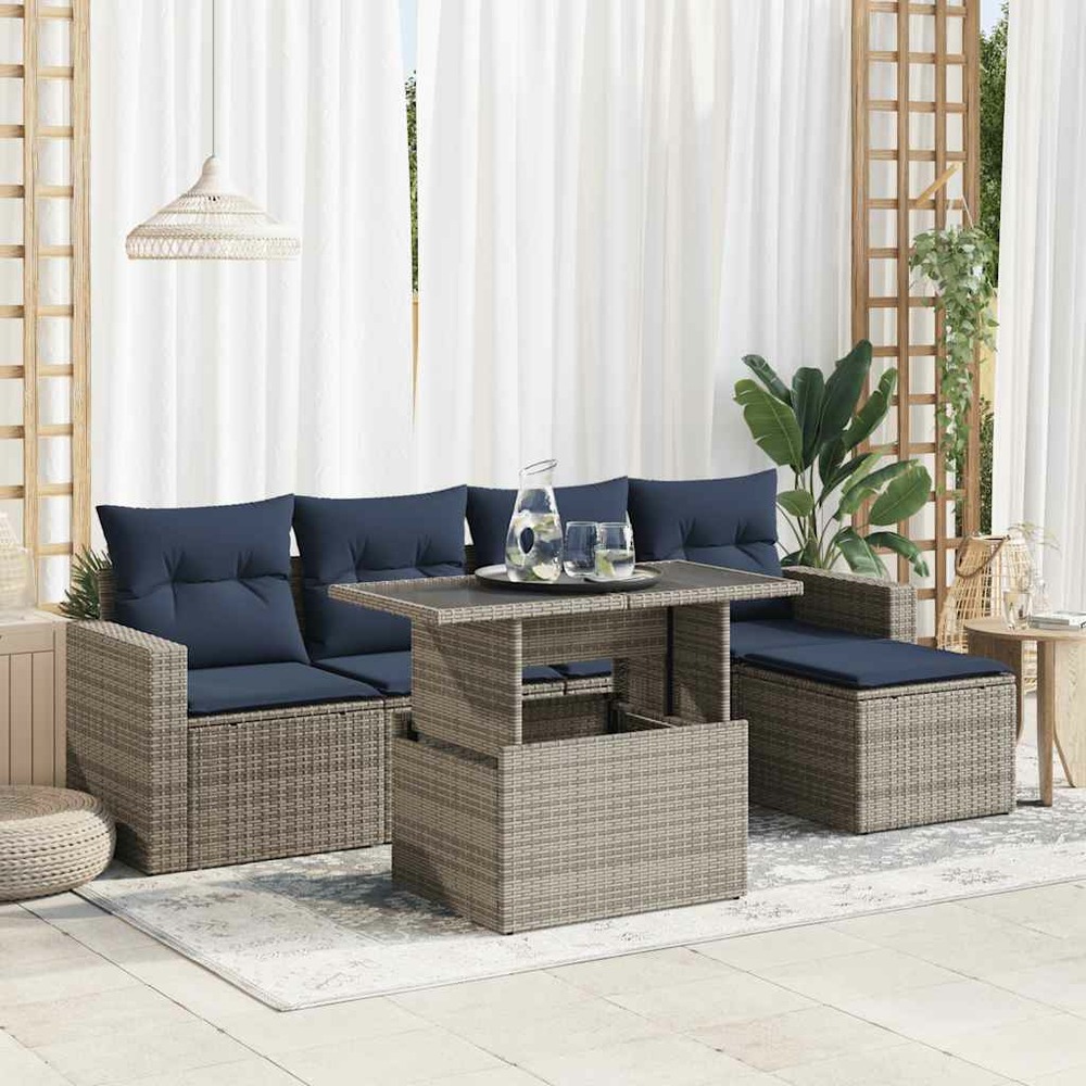 Salon de jardin avec coussins 6 pcs gris résine tressée acacia