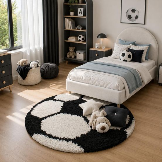 Tapis enfant ø100cm rond tissé noir et crème shaggy foot
