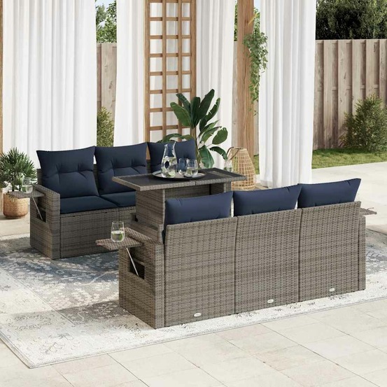 Salon de jardin avec coussins 7 pcs gris résine tressée acacia