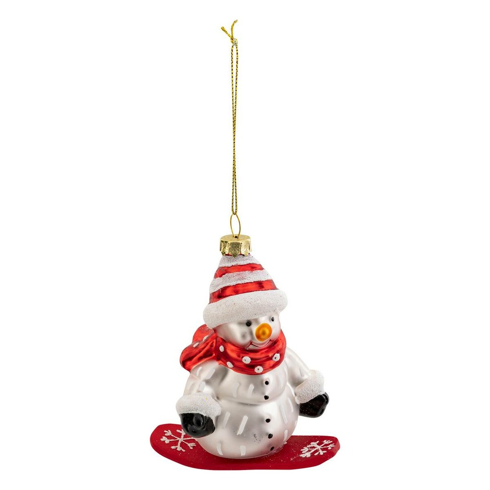 Sujet bonhomme de neige snowboard verre h.10cm rouge et blanc