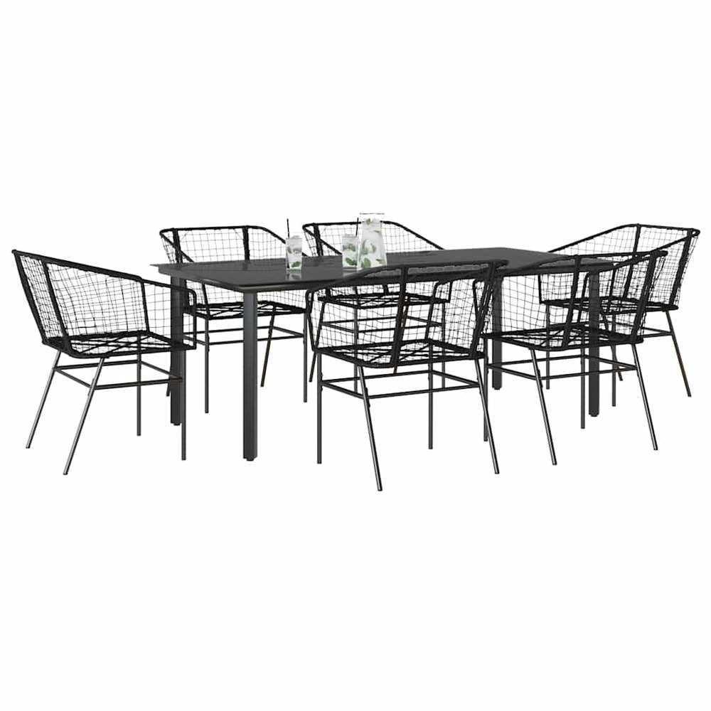 Ensemble à manger de jardin 7pcs noir poly rotin verre